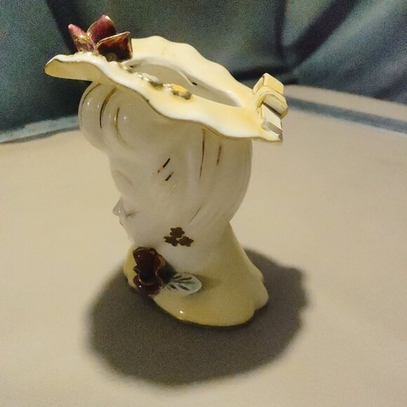 Lefton Japan Lady Head Vase 1950 Porcelain Decor Vintage Flowers Bow MCM Crazing - Picture 5 of 8